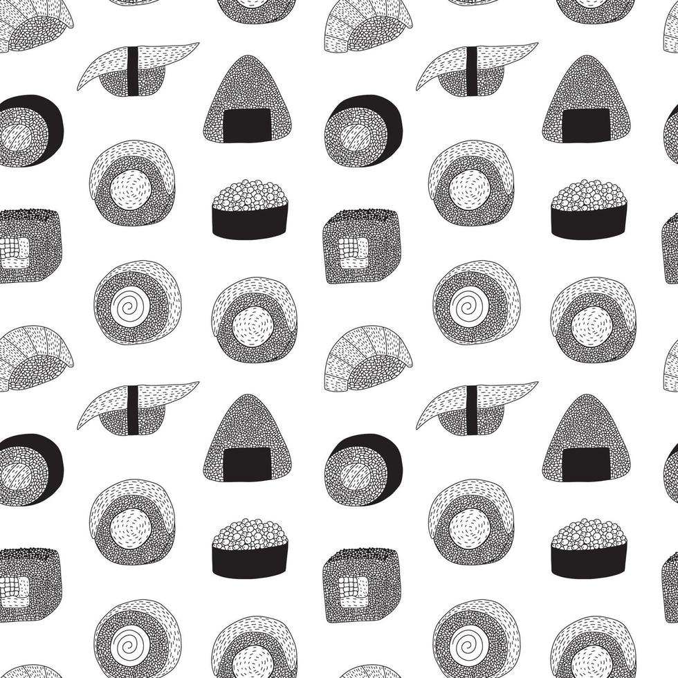 Vector sushi and rolls with fish seamless pattern. Hand drawn sushi and sashimi print on white background