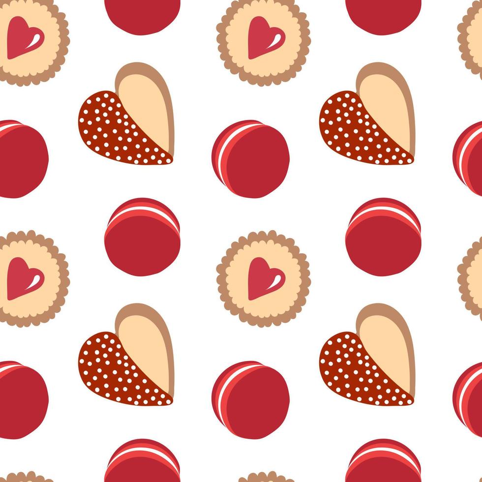 Love sweets seamless pattern. Vector red color macaron, cookie, sweets in red colors. Heart cookie.