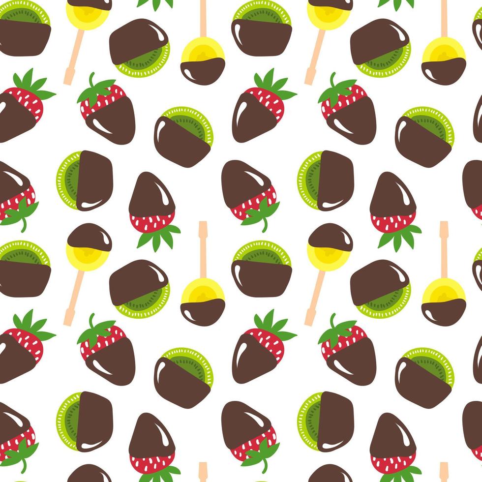 Fruits in chocolate. Strawberry, kiwi fruit, banana slice in dark chocolate. Vector seamless pattern.