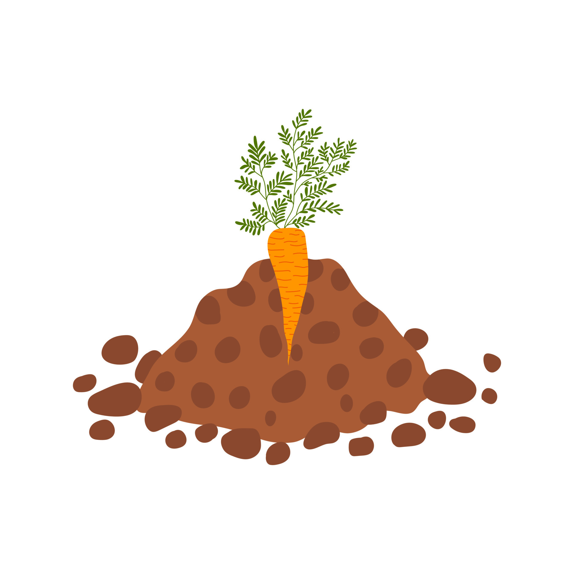 Carrot grow up in the ground. Hand drawn vector carrot in brown ground