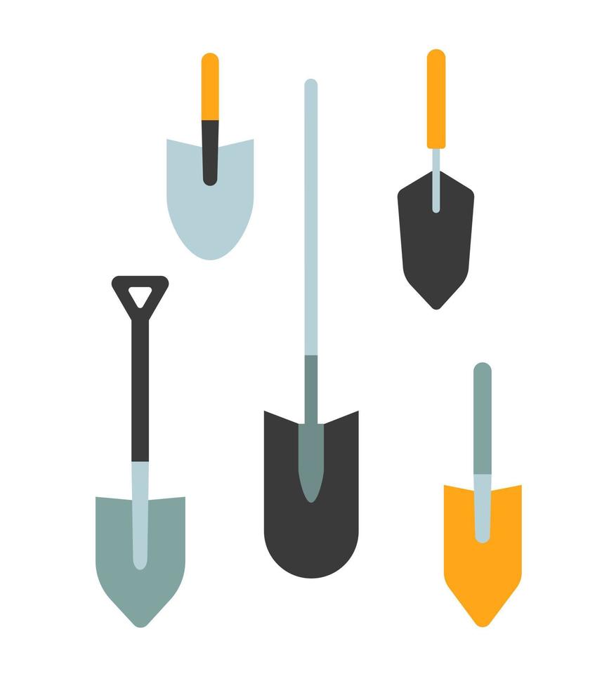 Shovel, spade vector illustration set. Flat style garden hand shovels isolated on white background. Garden tool, equipment for farm, summer utensil.