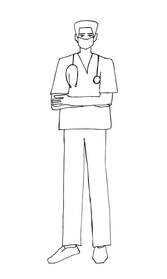 Doctor in uniform and mask with tonometer. Hand drawn doodle man illustration. vector