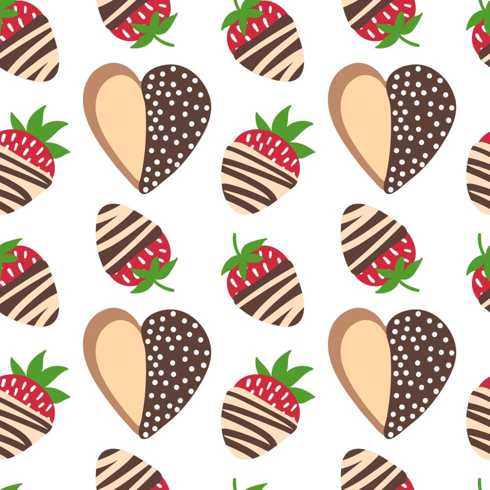 Strawberry and cookie. Doodle strawberry in chocolate and heart cookie background. Vector seamless pattern.