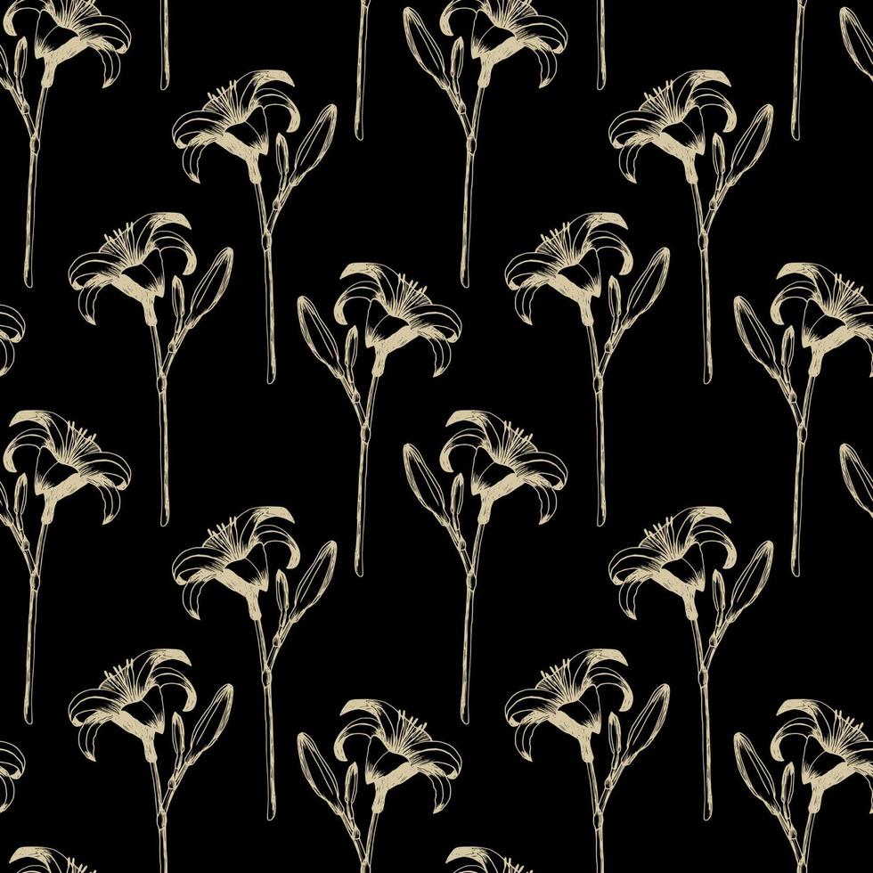 patrón transparente de vector de lirio de día. flores de oro dibujadas a mano de lirio de día sobre fondo negro. diseño para decoración de bodas, papeles pintados, cortinas, textiles, papel envolvente.