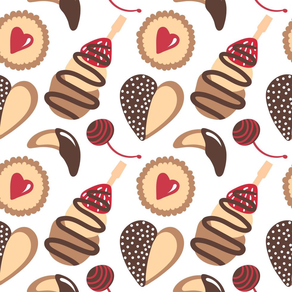Tasty vector seamless pattern with different cookies. Sweet canapes, chocolate cookie, heart cookie, cherry in chocolate isolated. Vector seamless pattern with desserts.
