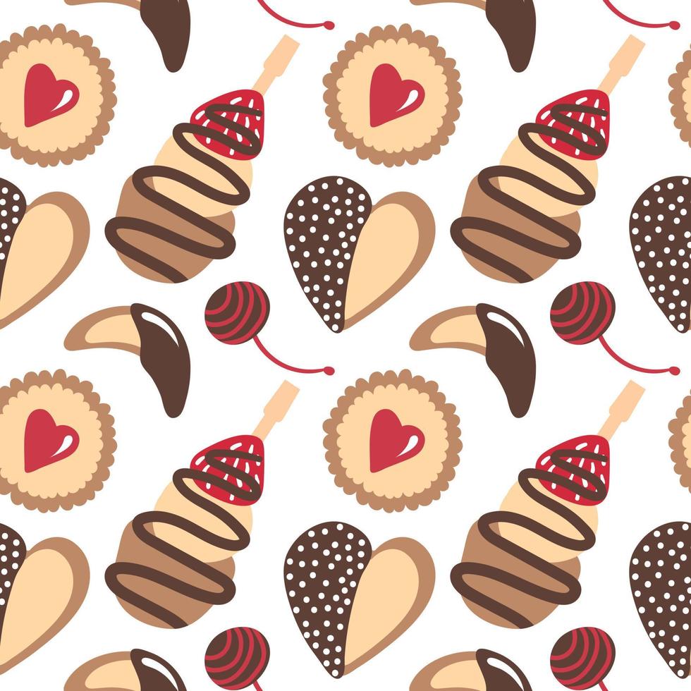 Tasty vector seamless pattern with different cookies. Sweet canapes, chocolate cookie, heart cookie, cherry in chocolate isolated. Vector seamless pattern with desserts.