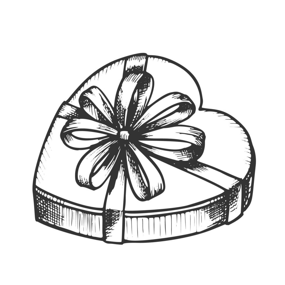 Gift Box In Heart Form With Ribbon Ink Vector