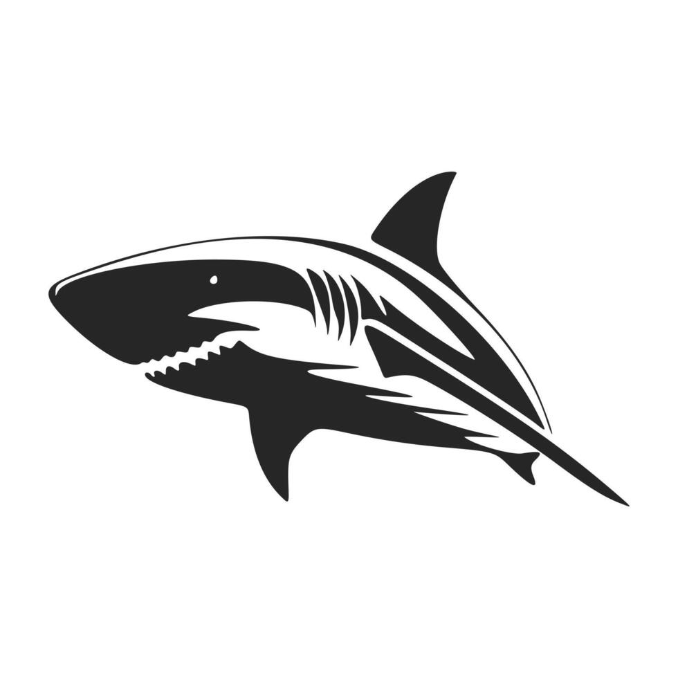 High contrast black and white vector illustration of a strong shark logo.