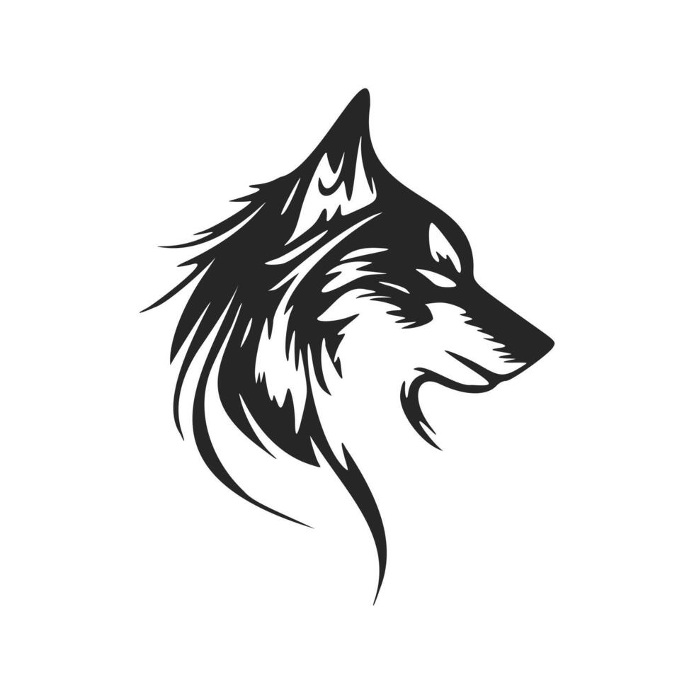 Ilustración de vector de logotipo de cabeza de lobo blanco y negro de alto contraste.