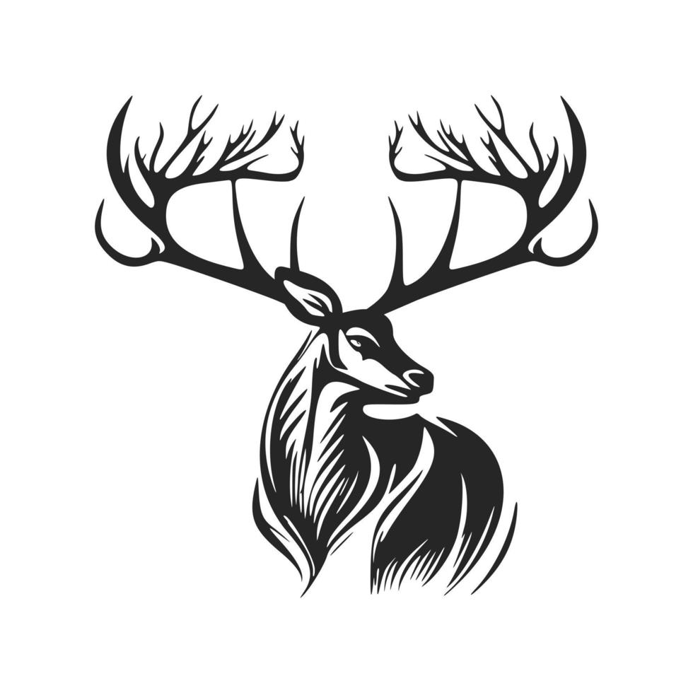 High contrast black and white vector logo illustration depicting a deer with antlers.