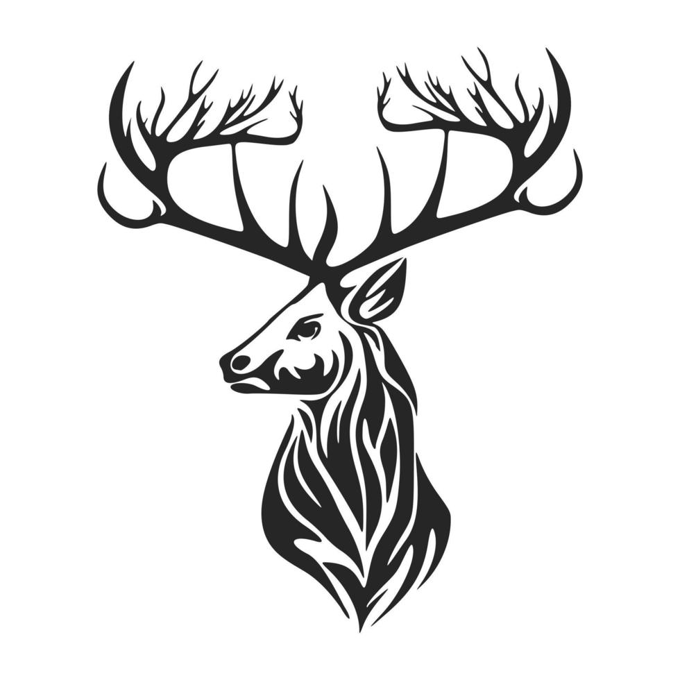 ilustración de logotipo vectorial en blanco y negro de alto contraste que representa a un ciervo con grandes cuernos. vector