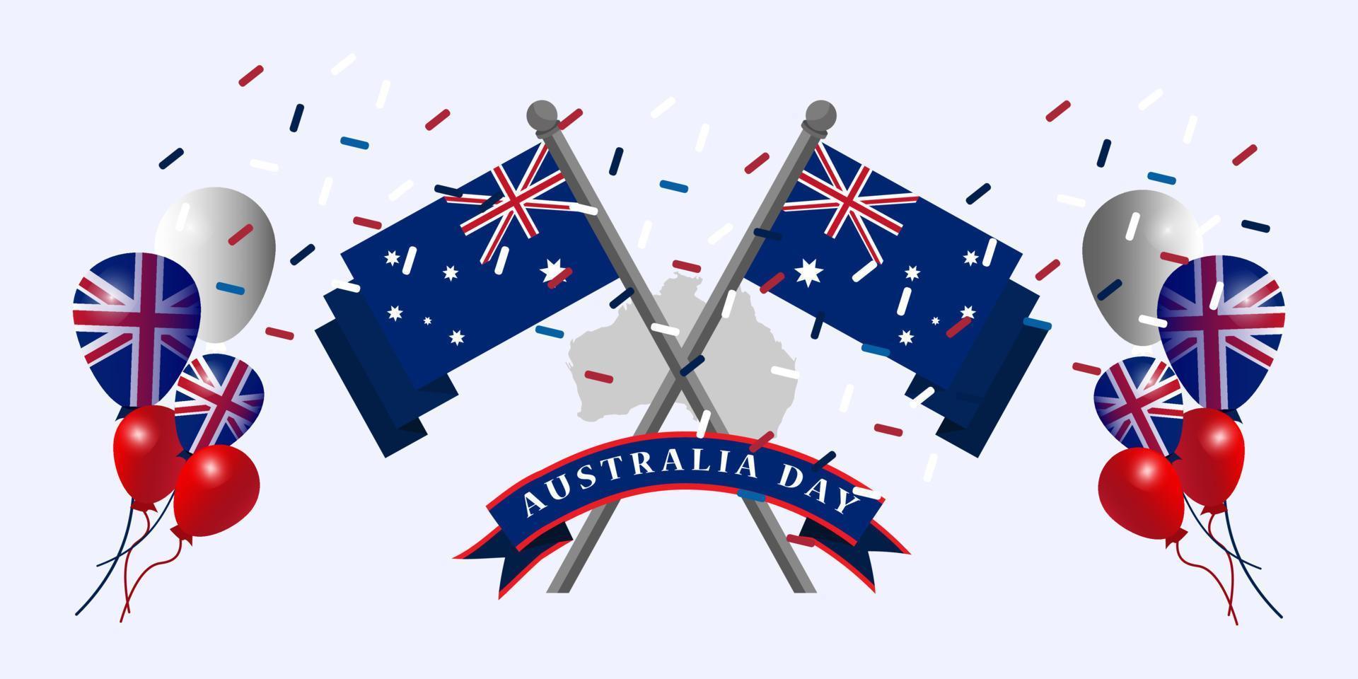 Australia day January 26th flying flag illustration with flag pole background design, Suitable for banner, website and app vector