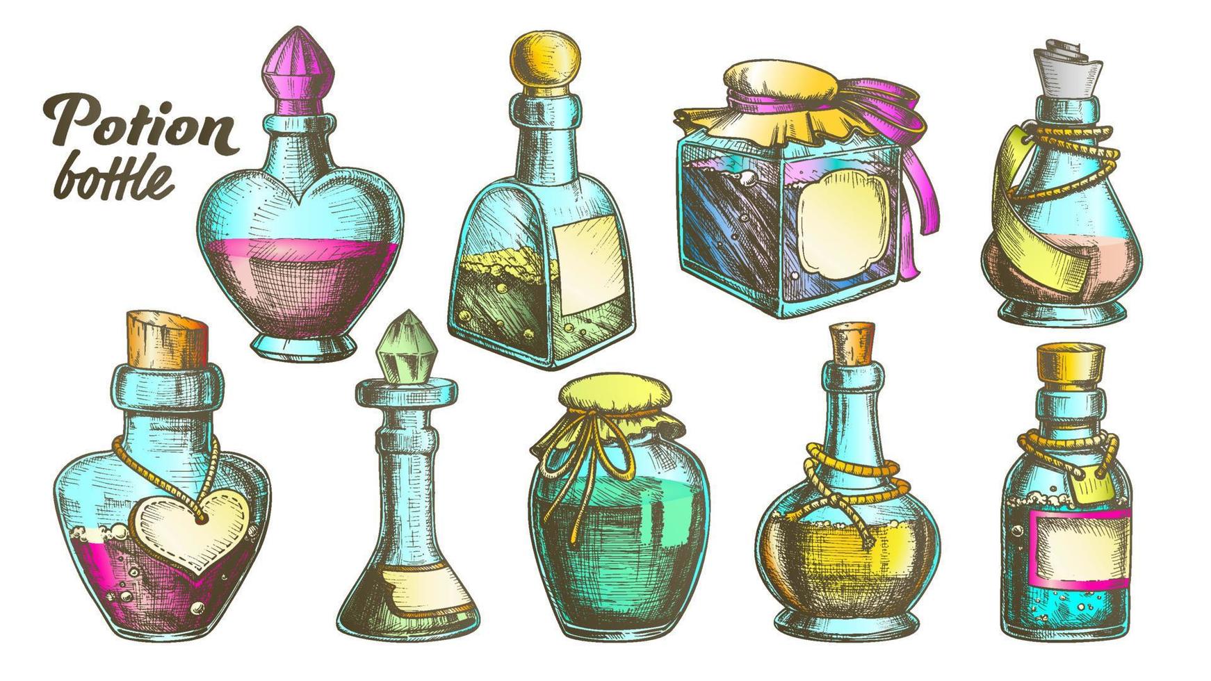 Potion Bottles Color Collection Set Vector