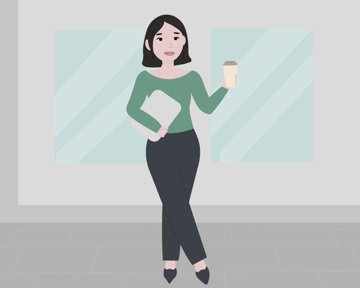 Woman with a laptop and coffee near the office building vector
