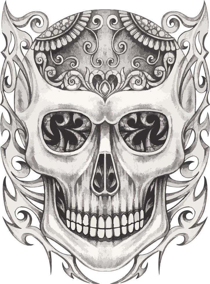 Art fancy skull tattoo. Hand drawing and make graphic vector. vector