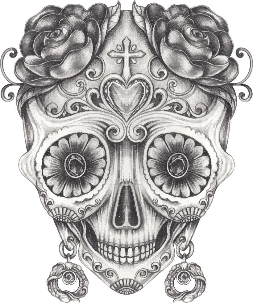 Art fancy skull day of the dead. Hand drawing and make graphic vector. vector
