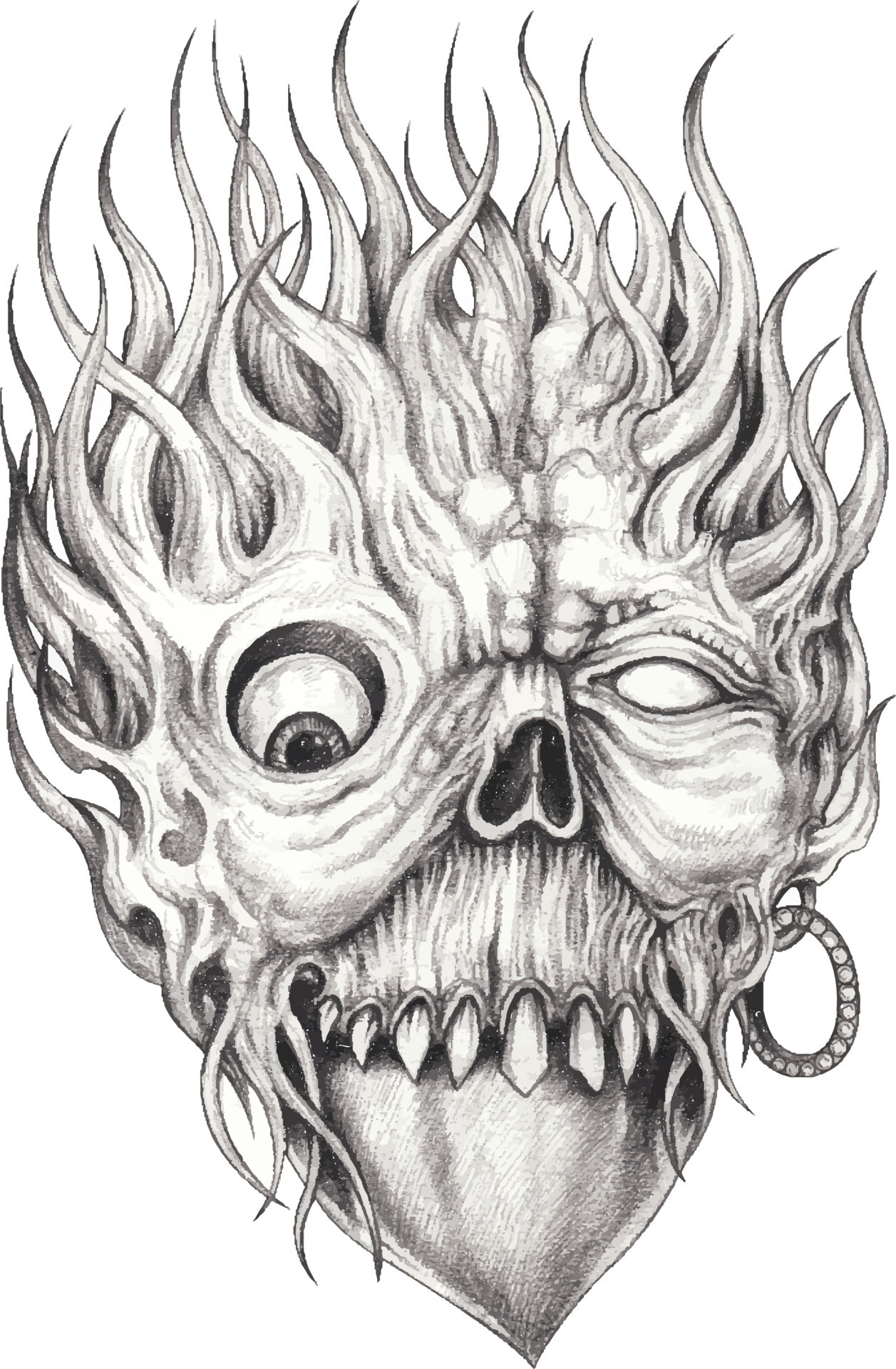 evil skull drawings with flames