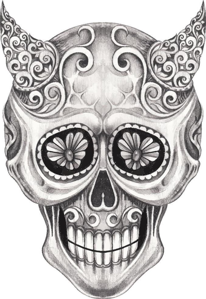 Art fancy devil skull. Hand drawing and make graphic vector. vector