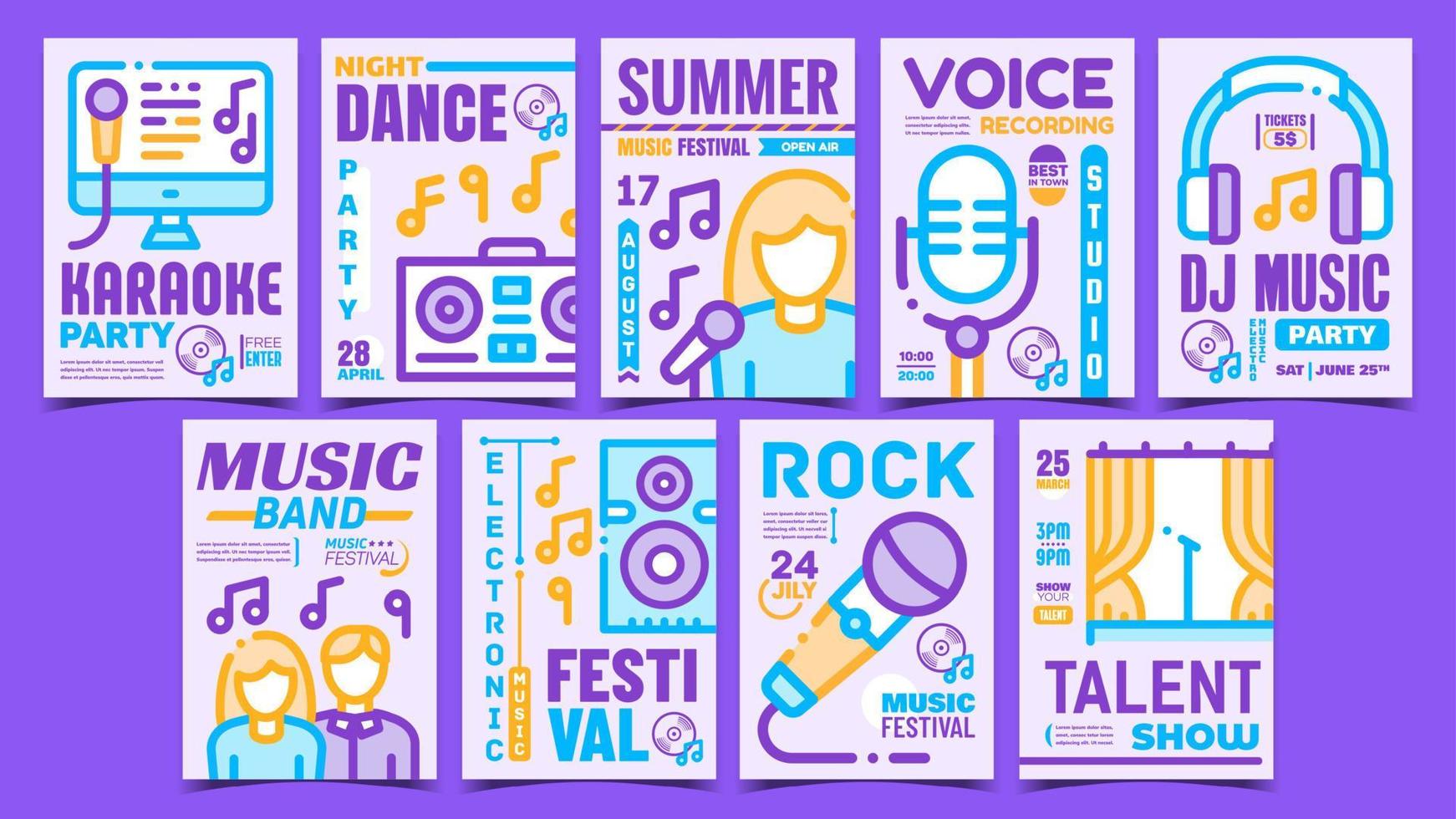 Music Concert Creative Promo Posters Set Vector