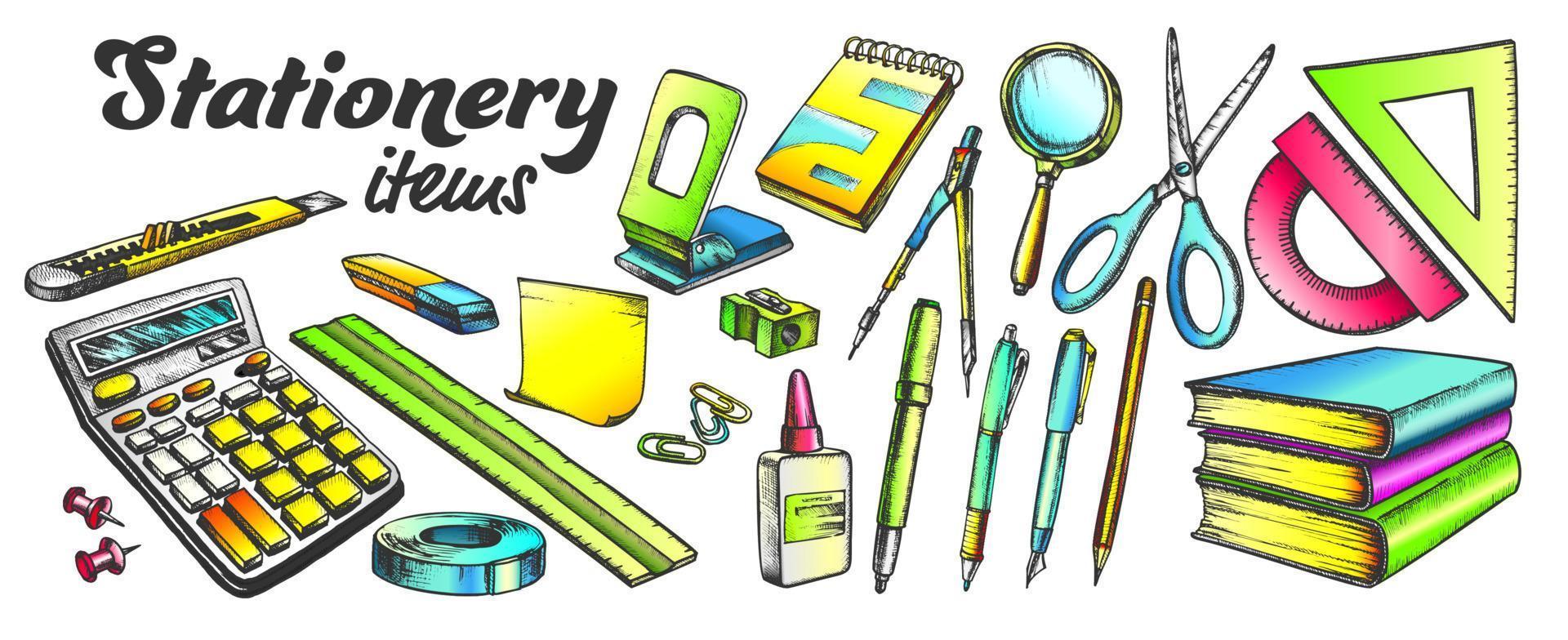 School And Office Stationery Items Color Set Vector