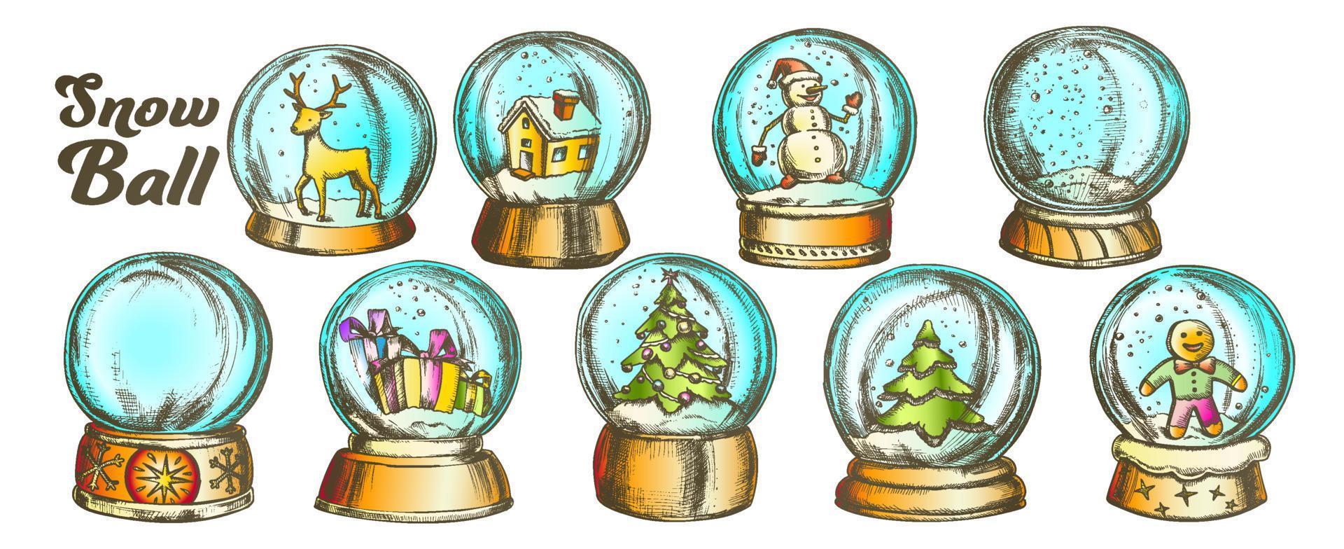 navidad bolas de nieve souvenir color vintage set vector