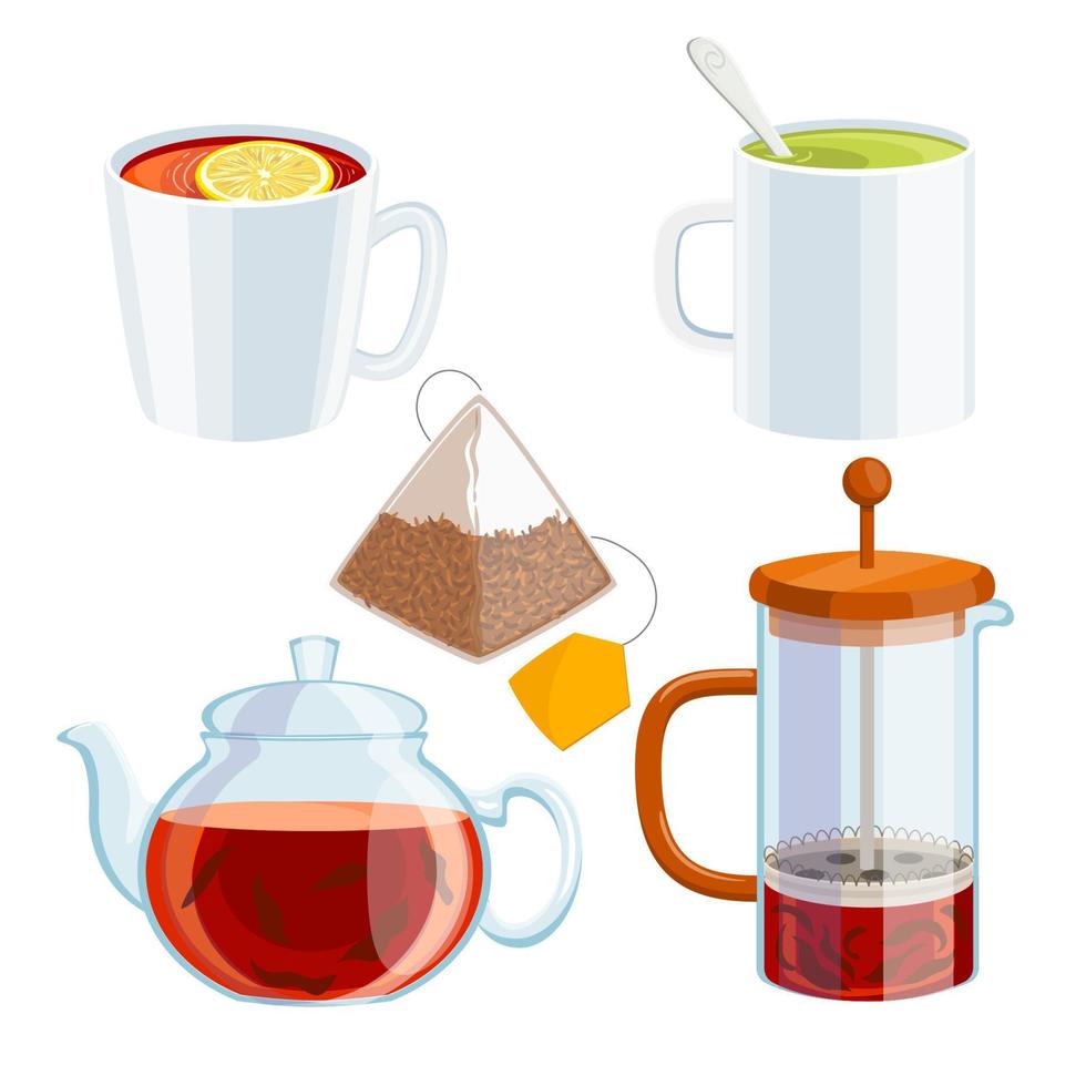 taza de té bebida conjunto dibujos animados vector ilustración