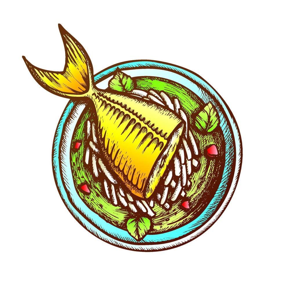 Soup With Fish, Daikon And Condiment Retro Vector