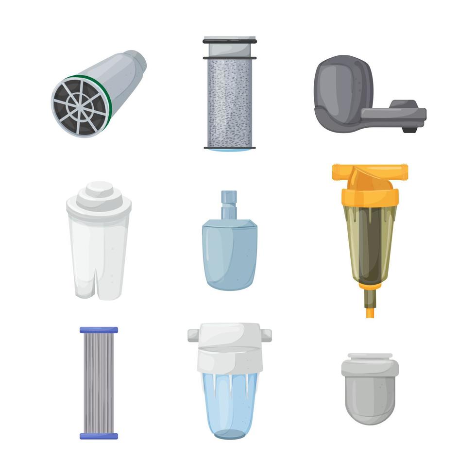 water filter filtration cartoon icons set vector