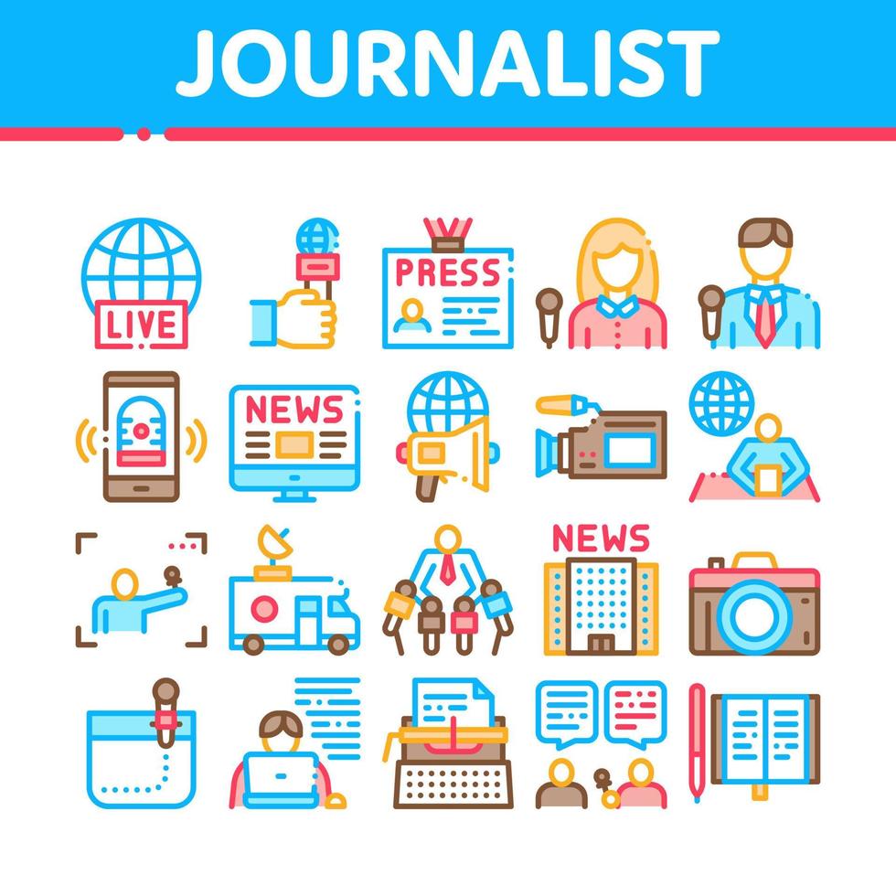 Journalist Reporter Collection Icons Set Vector