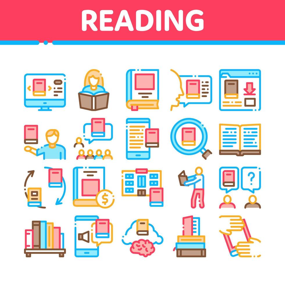 Reading Library Book Collection Icons Set Vector