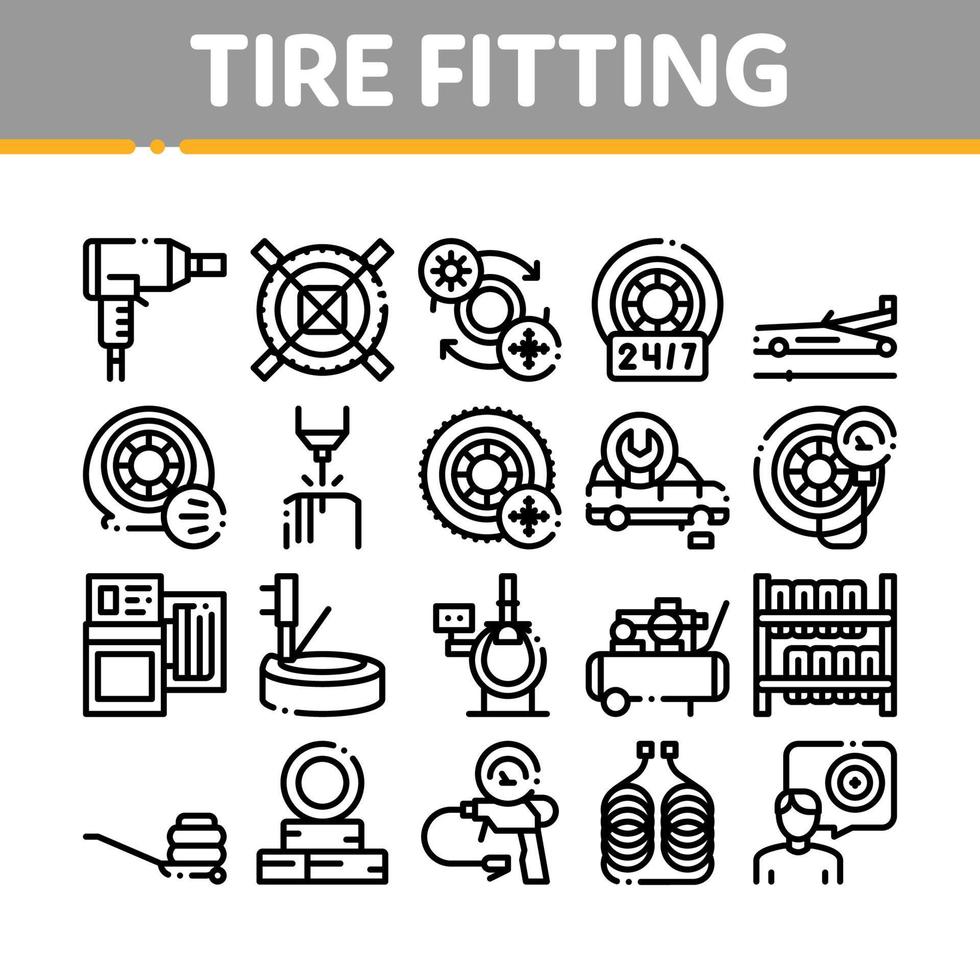 Tire Fitting Service Collection Icons Set Vector