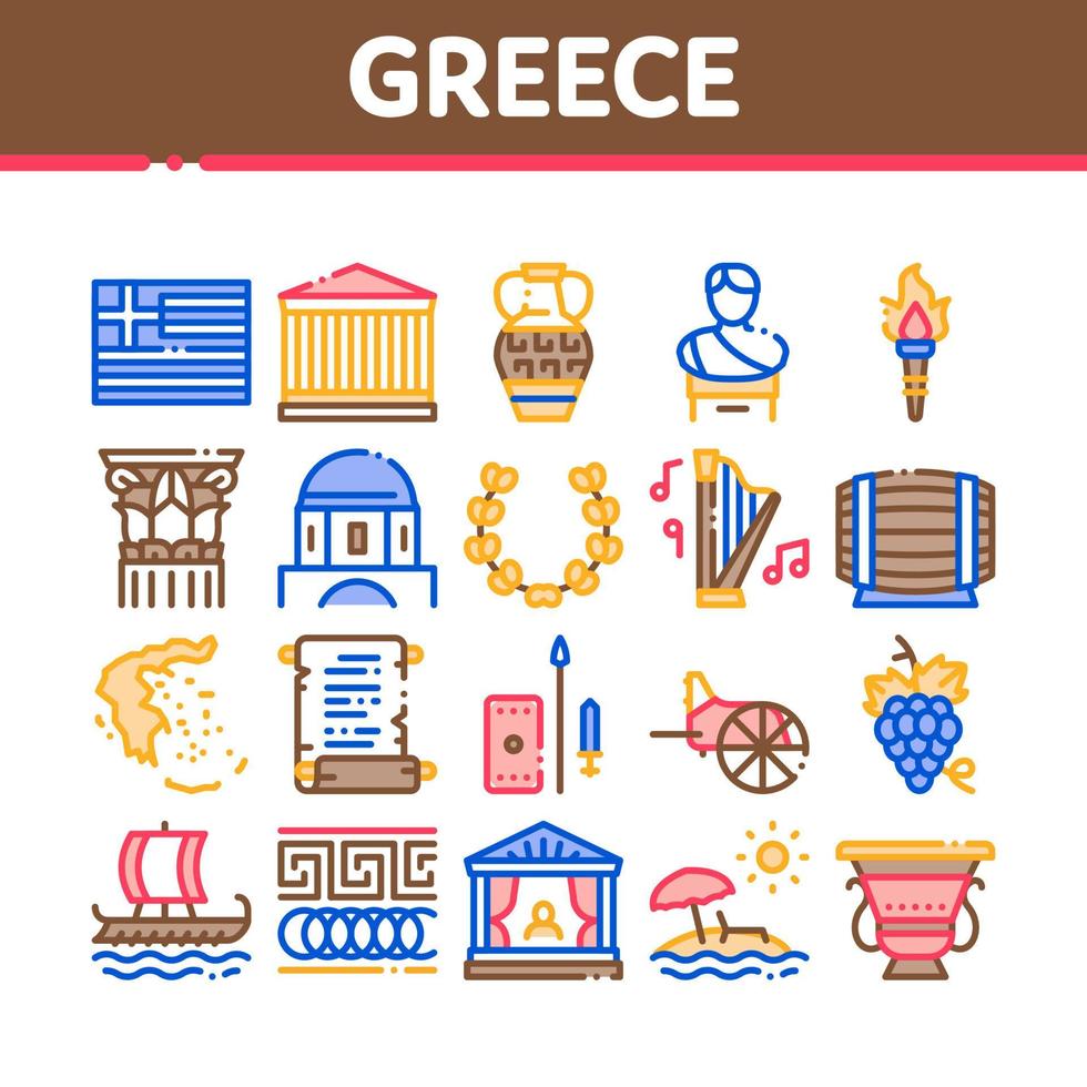 Greece Country History Collection Icons Set Vector