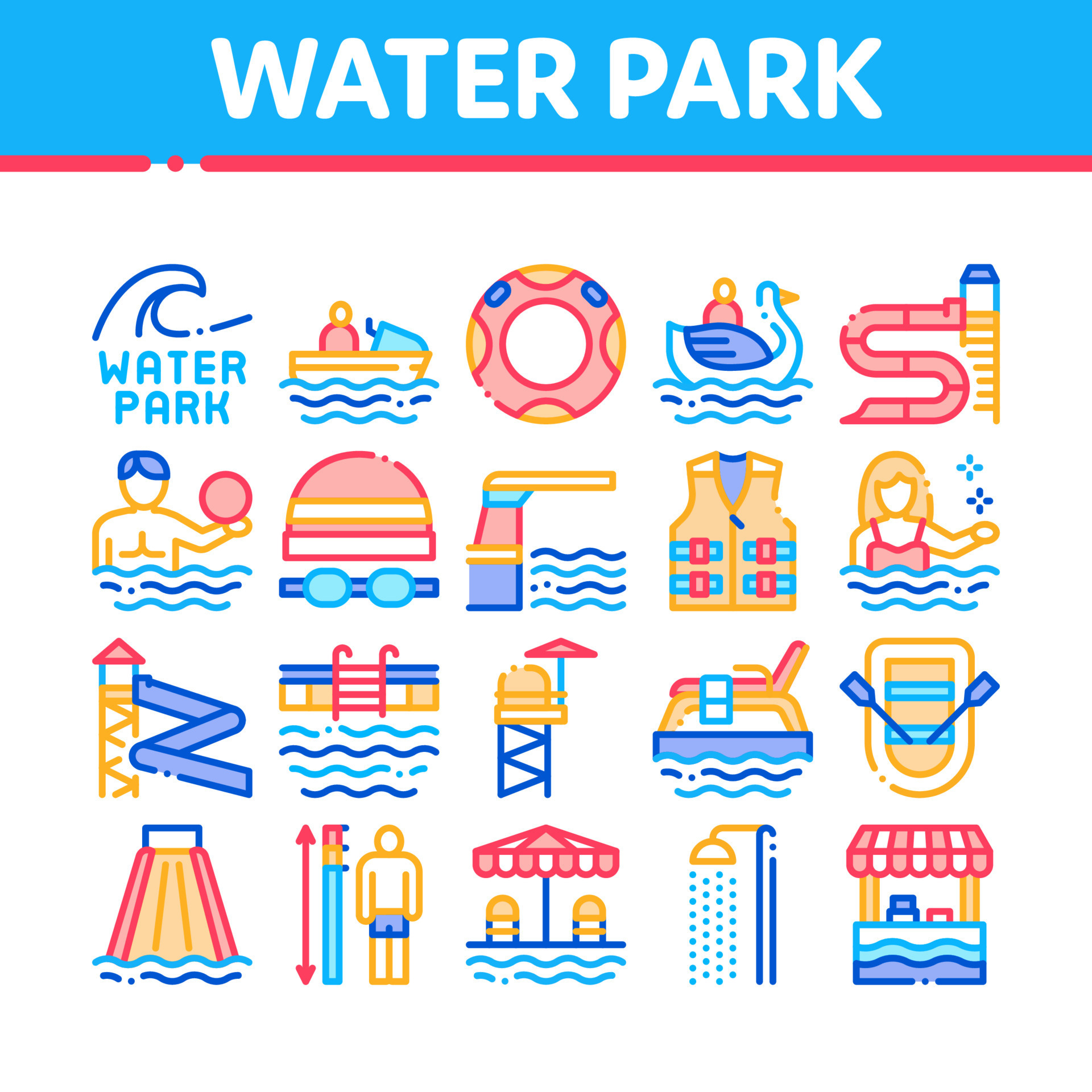 Water Park Attraction Collection Icons Set Vector 17592752 Vector Art ...