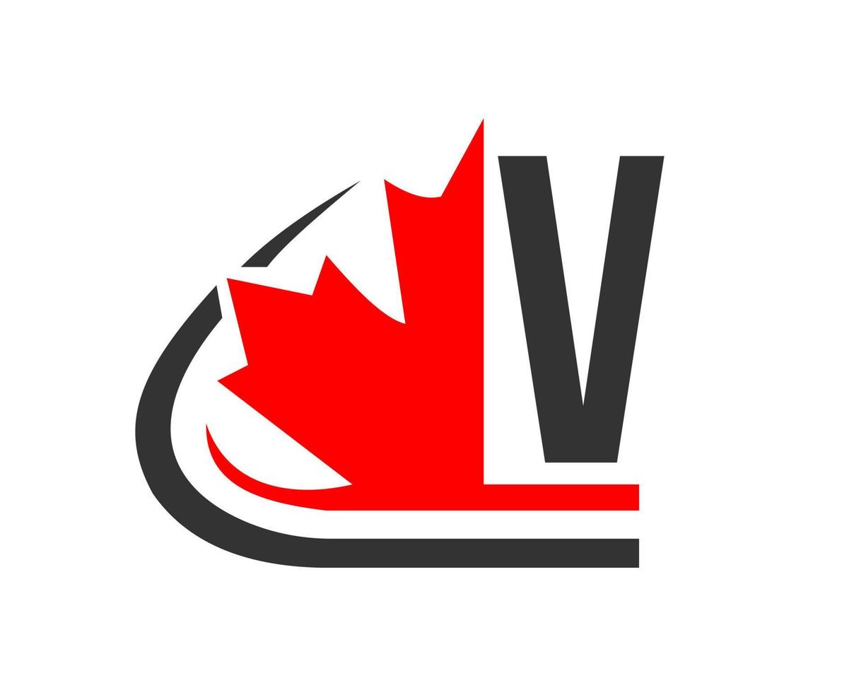 Canadian Red Maple leaf with V letter Concept. Maple leaf logo design vector