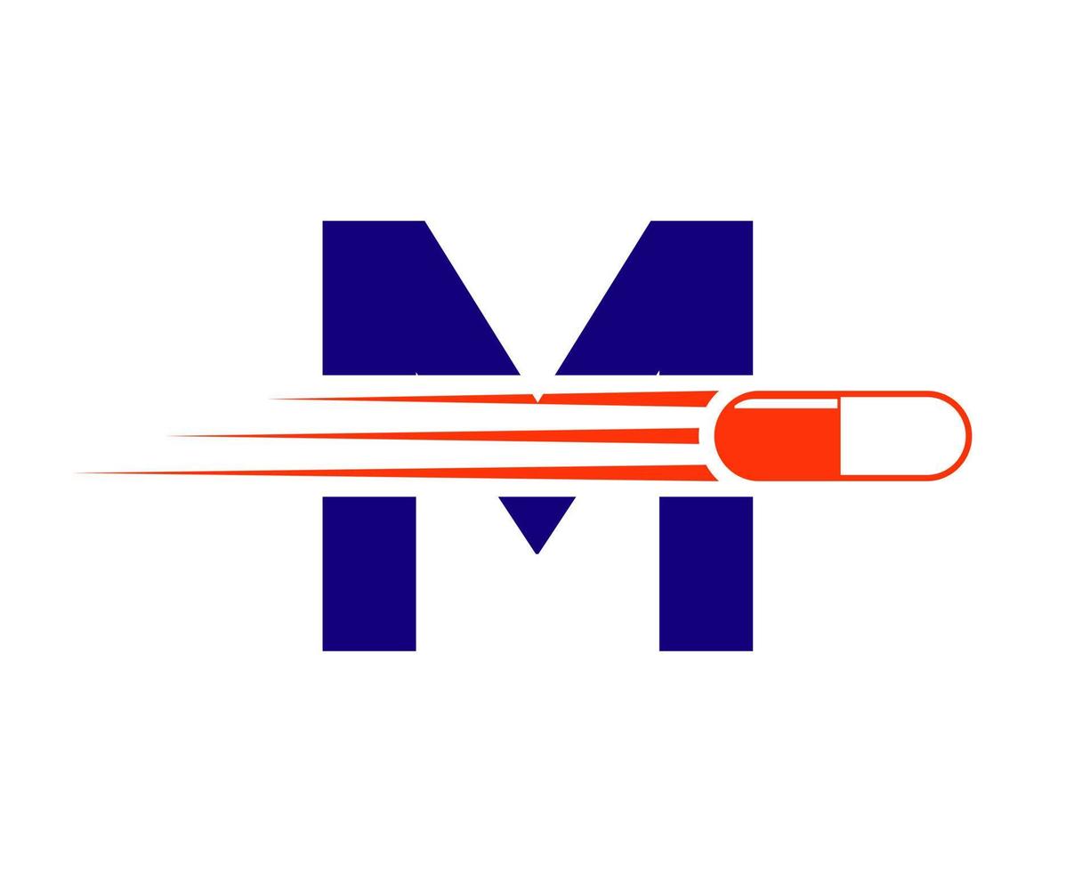 logotipo de la letra m medicina con símbolo de píldora o cápsula de medicina vector