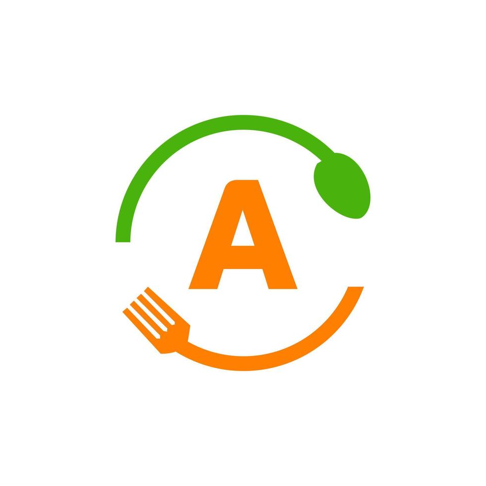 diseño del logotipo del restaurante en la letra a con icono de tenedor y cuchara vector