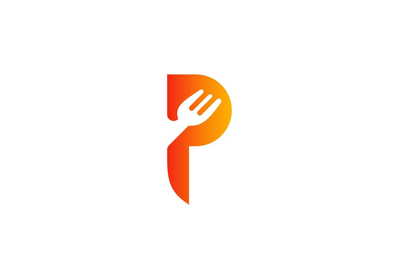 diseño del logotipo del restaurante en la letra p con icono de tenedor y cuchara vector