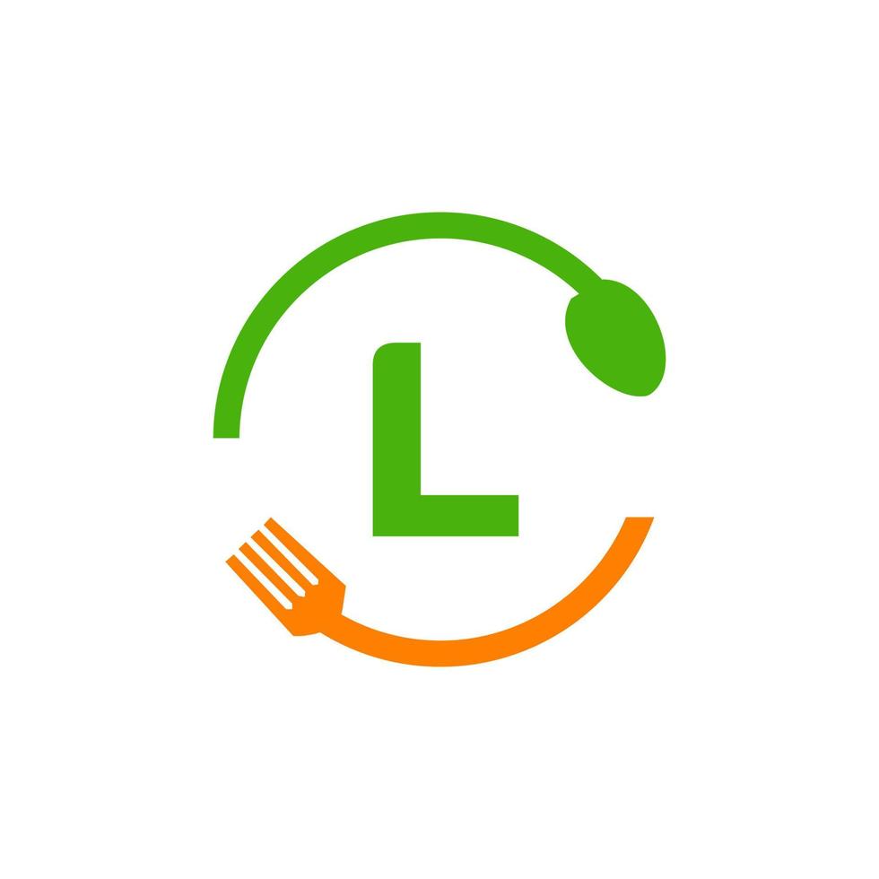 diseño del logotipo del restaurante en la letra l con icono de tenedor y cuchara vector