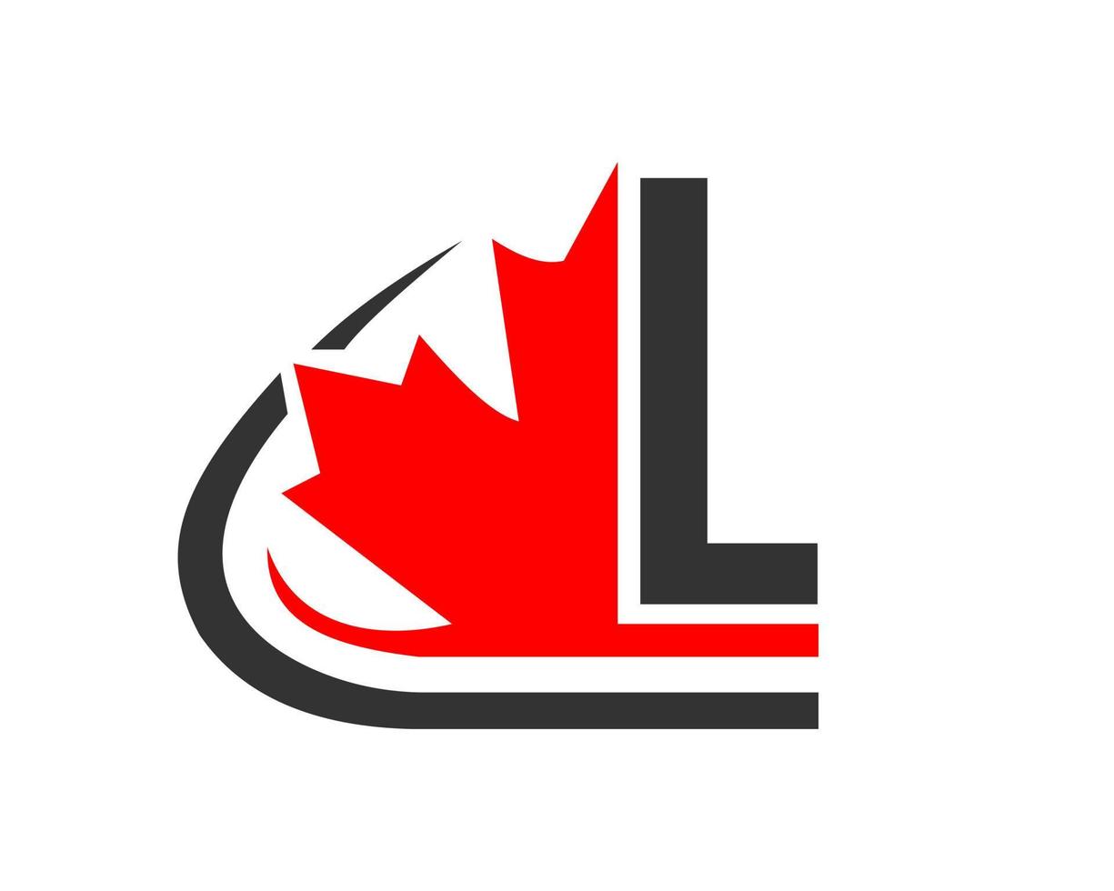 hoja de arce rojo canadiense con concepto de letra l. diseño de logotipo de hoja de arce vector