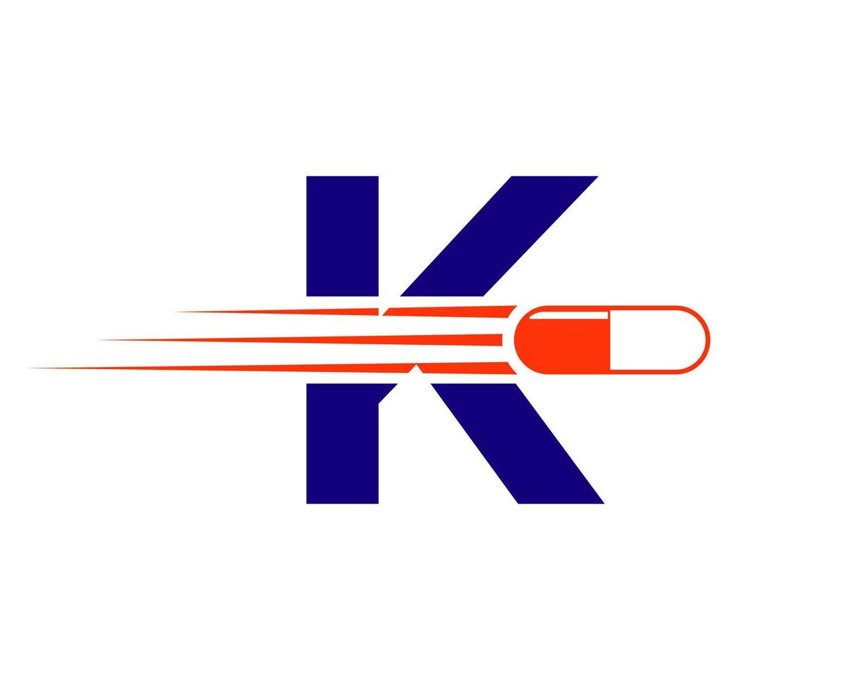 logotipo de la letra k de la medicina con el símbolo de la píldora o la cápsula de la medicina vector