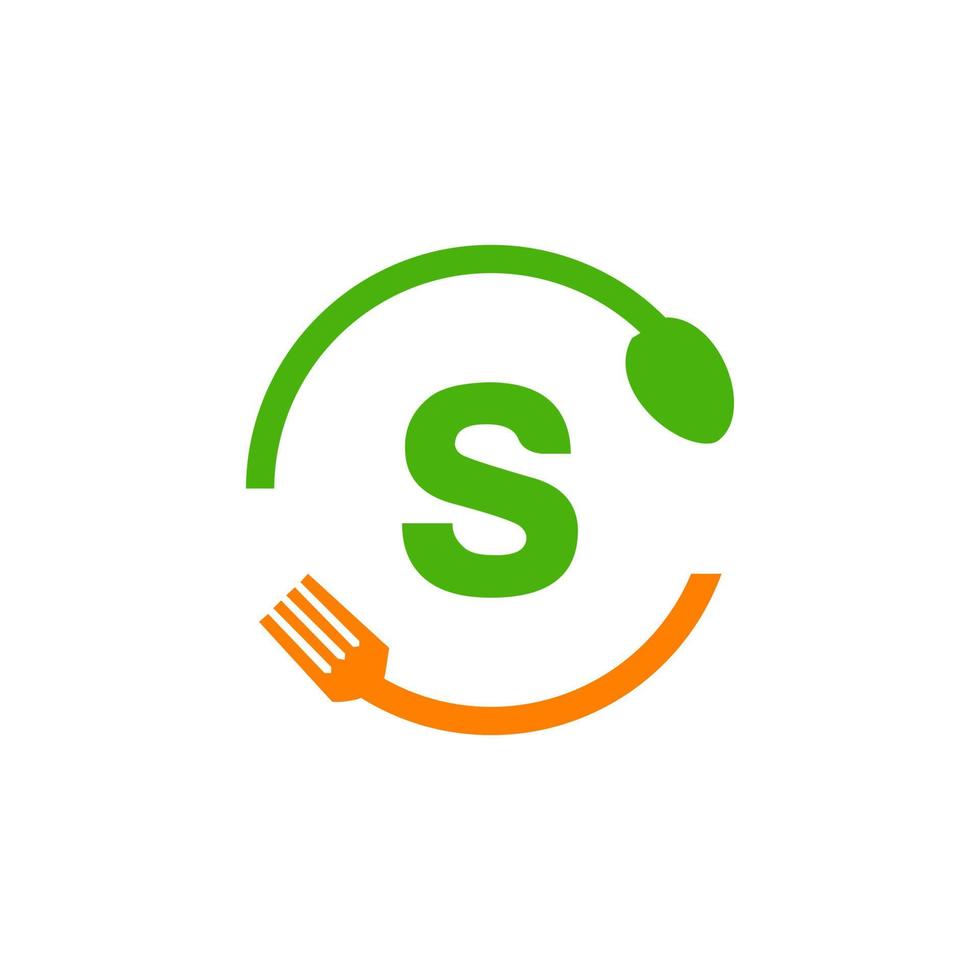 diseño del logotipo del restaurante en la letra s con icono de tenedor y cuchara vector