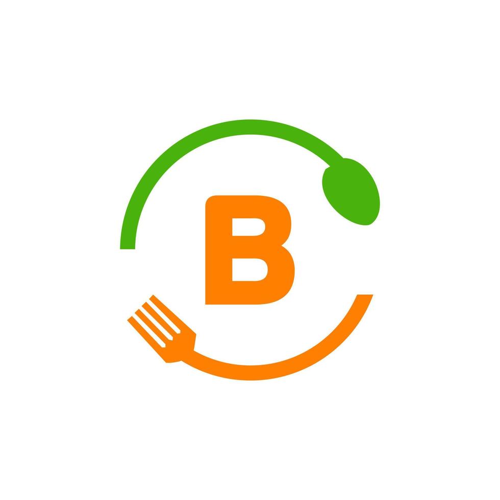 diseño del logotipo del restaurante en la letra b con icono de tenedor y cuchara vector