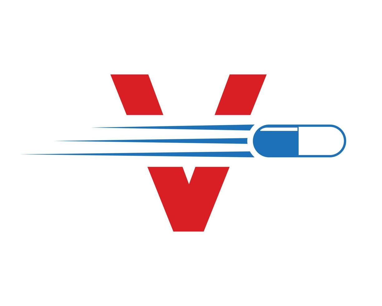 Letter V Medicine Logo with Medicine Pill or Capsule Symbol vector