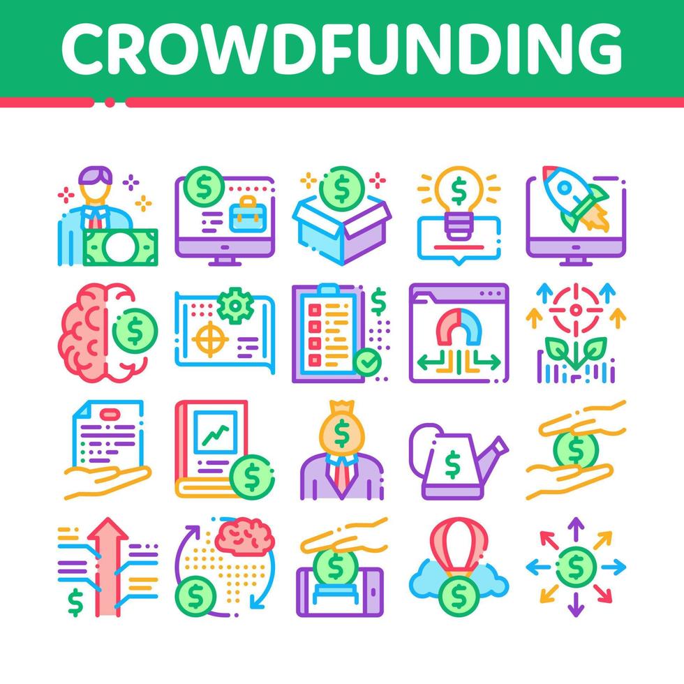 Crowdfunding Business Collection Icons Set Vector