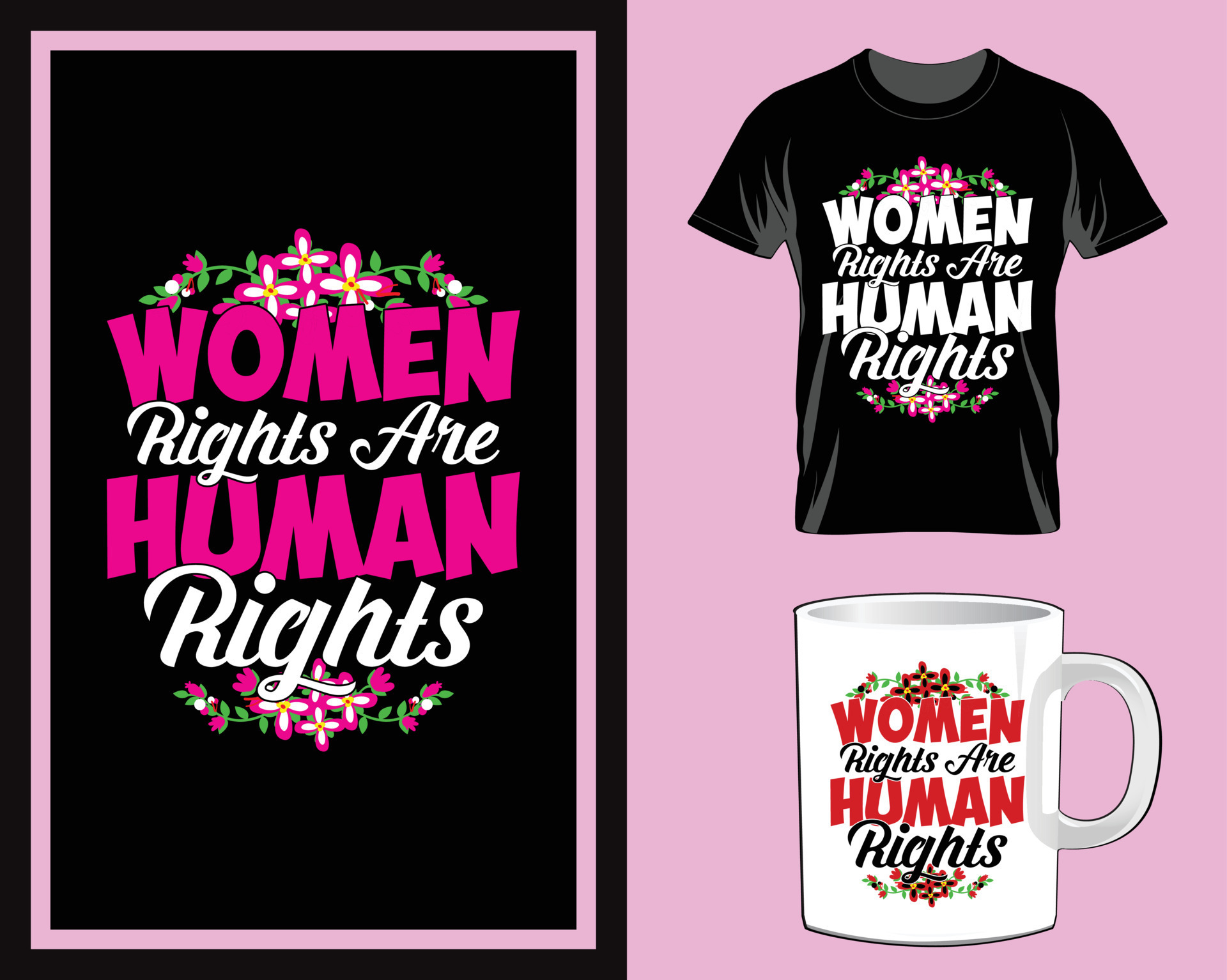 Women rights are human rights Women’s Day t shirt and mug design vector
