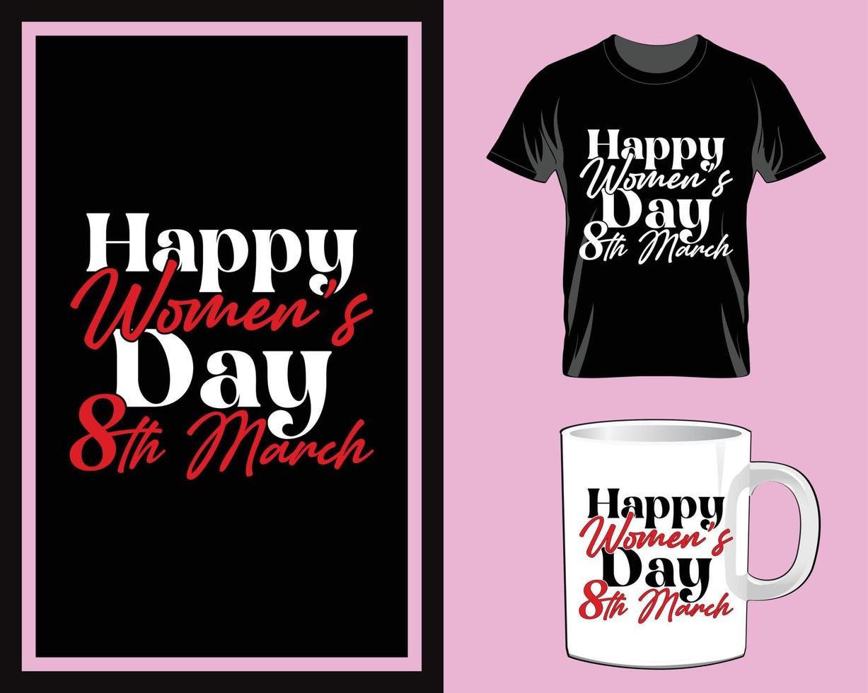 vector de diseño de camiseta y taza de merchandising del octavo día de la mujer feliz