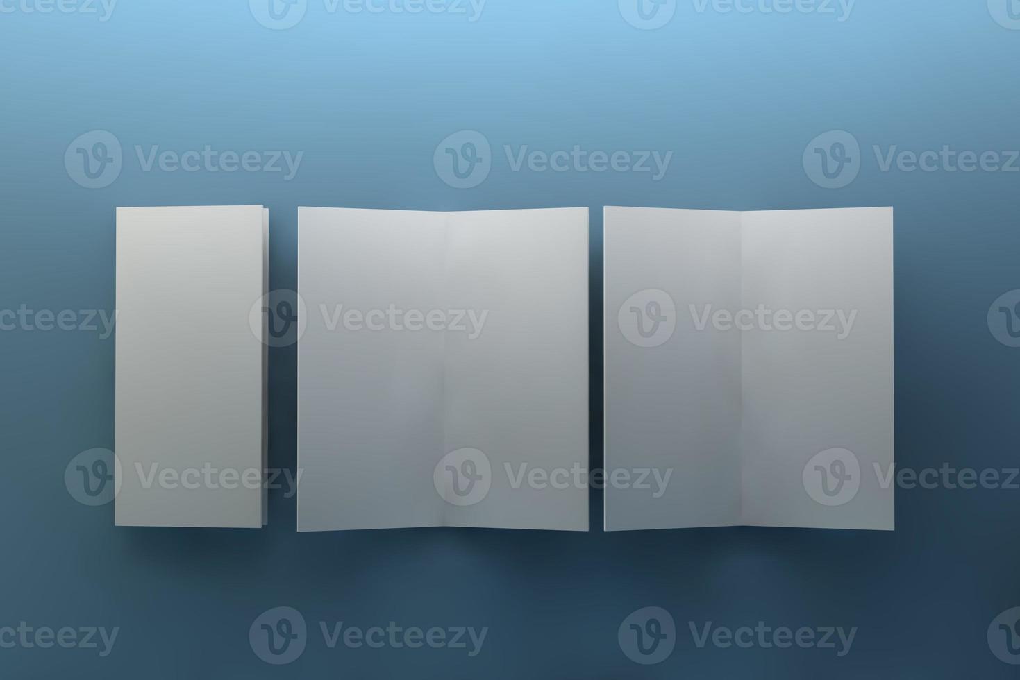 Bi fold or Vertical half fold brochure mock up isolated on soft gray background. 3D render illustration photo