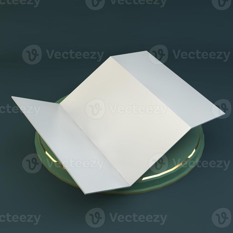 Bi fold or Vertical half fold brochure mock up isolated on soft gray background. 3D render illustration photo