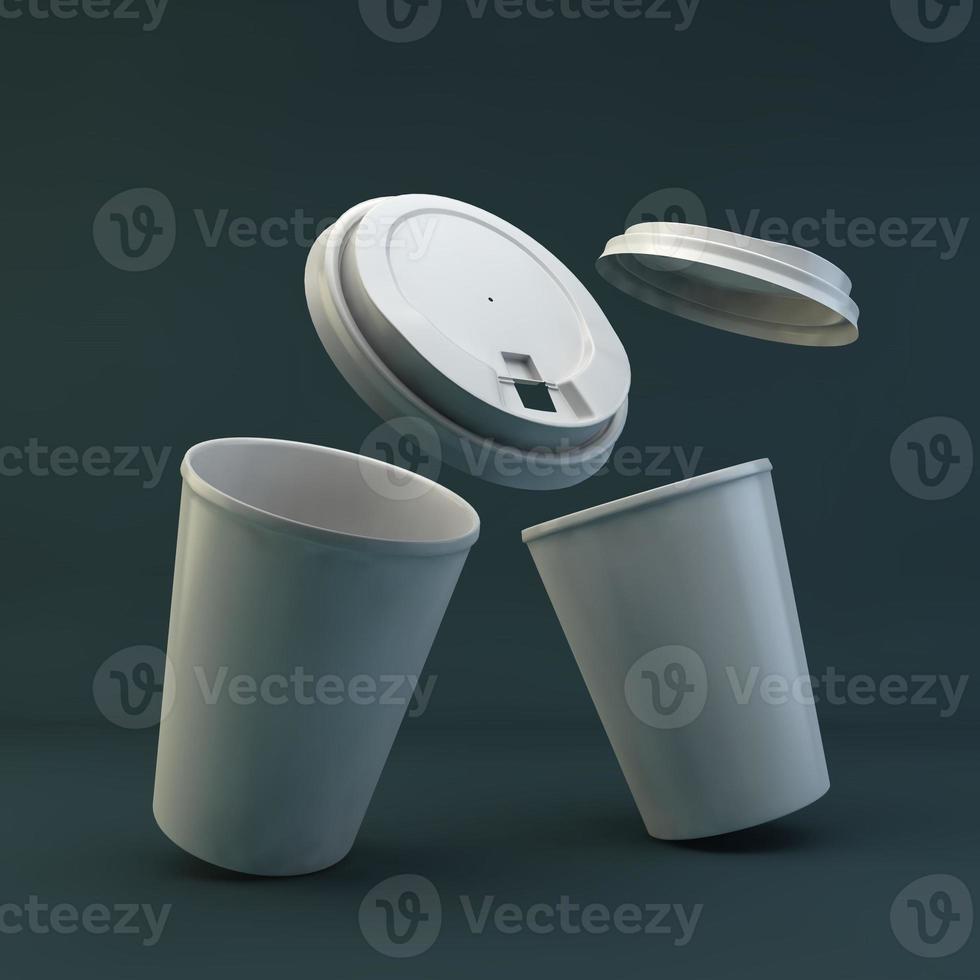 Set of realistic blank mock up paper cups with plastic lid. Coffee to go, take out mug. 3D render illustration. photo