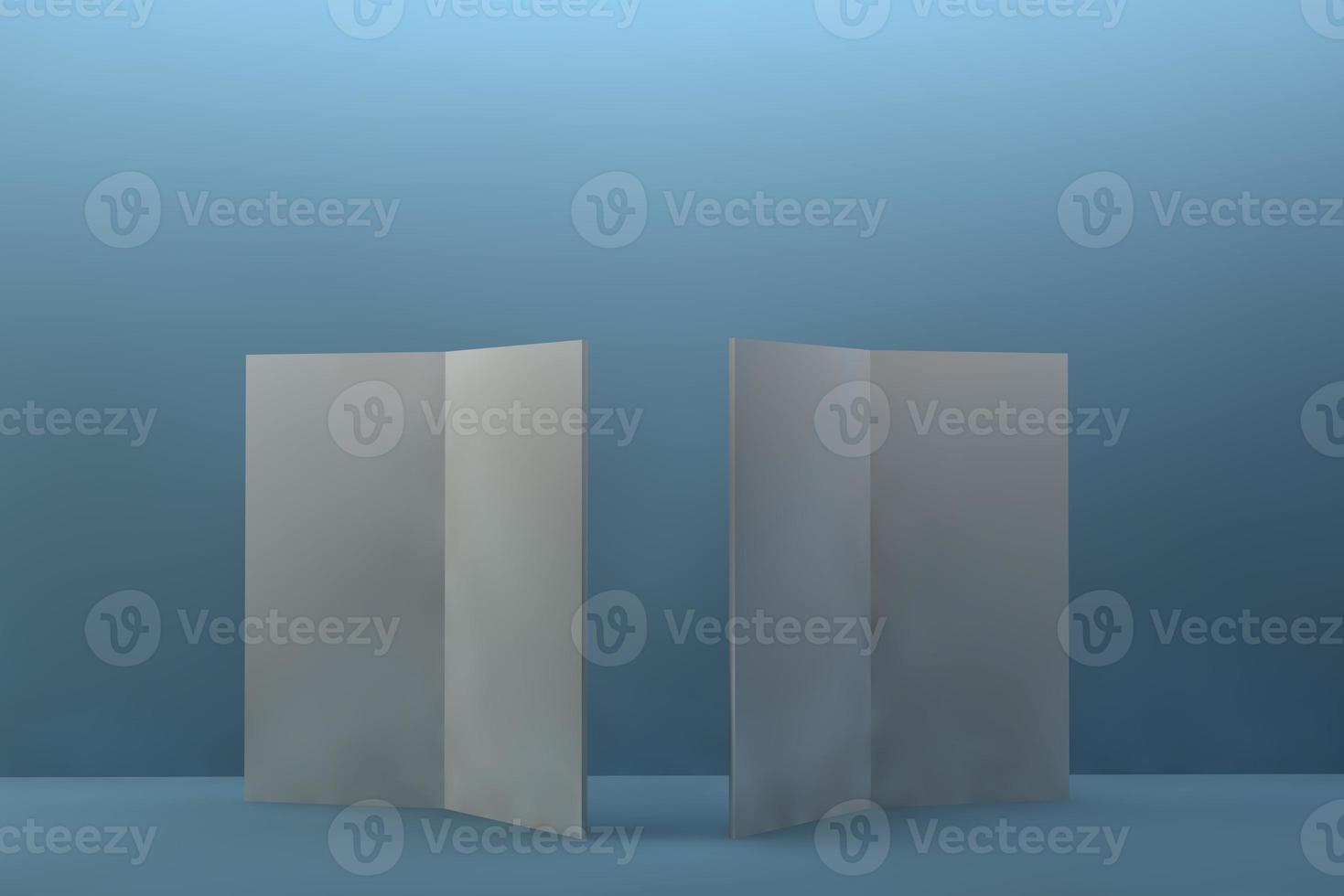 Bi fold or Vertical half fold brochure mock up isolated on soft gray background. 3D render illustration photo